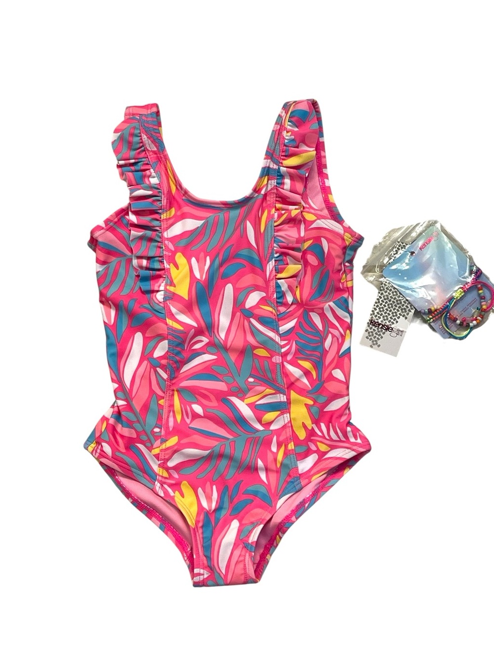 Kensie Girl Pink Tropical Ruffle One-Piece Swimsuit